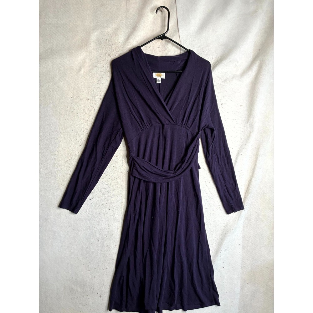 Talbots Wrap Dress Women's 14P Purple Pleated Stretch Belted Waisted Long Sleeve